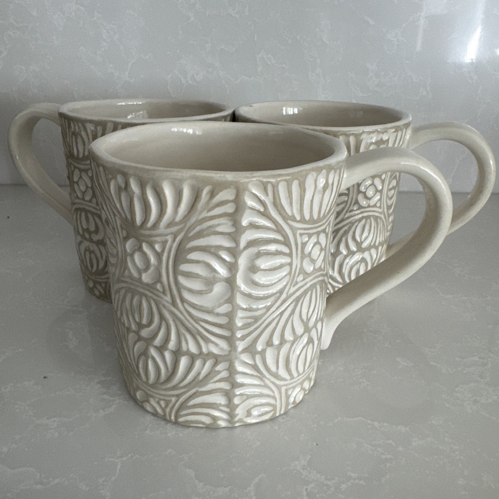 STARBUCKS Coffee Embossed Taupe‎ Lace Mug 2009 Hawaiian Pattern Set of three